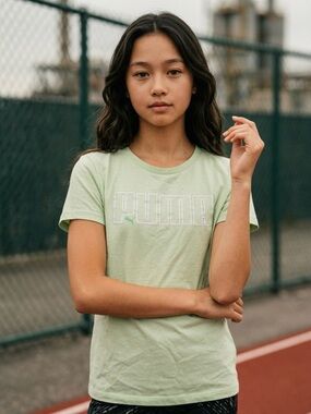 Puma Girls Sage Green Short Sleeve Logo Tee